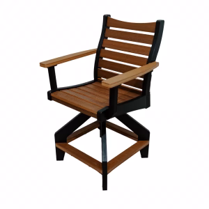 A wooden armchair with black metal frame and armrests, positioned at a slight angle, showcases a blend of natural and industrial materials.