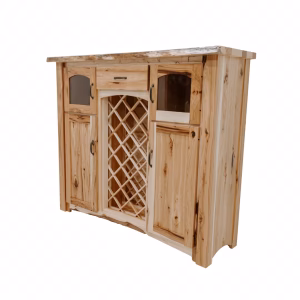 A wooden bar cabinet with curved front, diamond-patterned glass door, and two cabinet sections stands against a white background, showcasing natural wood grain.