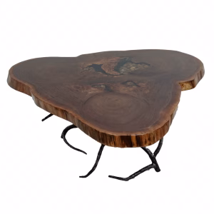 A wooden coffee table with a dark brown finish, intricate branch design, and black metal base stands against a white background.