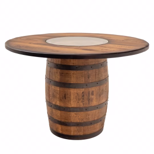 A wooden barrel with a round top and metal bands sits on a white background, emphasizing its rustic charm.