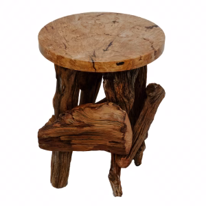 A rustic wooden stool with a round top and sturdy legs is crafted from natural wood, showcasing a rough texture and organic patterns.