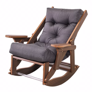 A wooden rocking chair with a plush gray cushion and armrests is positioned at an angle, appearing ready for a gentle sway.