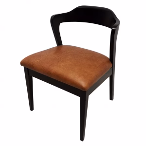 A black chair with a curved backrest and armrests, featuring a brown leather seat, stands against a white background, emphasizing its modern design.