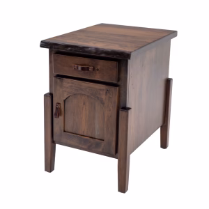 A dark wooden end table with a natural edge, flat top, and single drawer stands against a white background, showcasing its rustic and functional design.