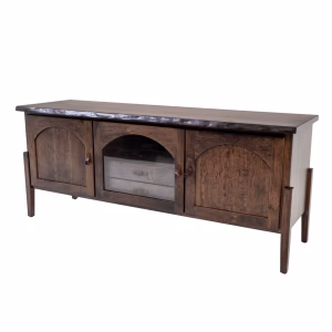 A dark wooden entertainment center features a curved top, internal drawers, and three arched doors, with sturdy legs and a natural finish.