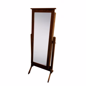 A tall, wooden-framed mirror with a reflective surface stands upright, leaning slightly to the right against a white background.