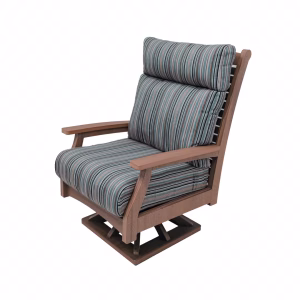 A wooden swivel chair with blue striped cushion and slatted backrest rests on a wooden base, positioned at a slight angle.