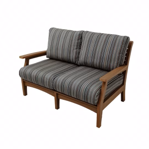A wooden loveseat with blue striped cushions and armrests is positioned against a white background, showcasing its clean, simple design.