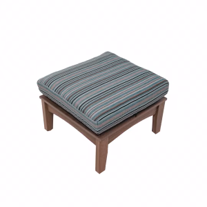 A wooden ottoman with a simple, flat top and four angled legs features a single cushion with blue, gray, and black stripes on a white background.