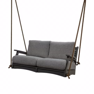 A gray fabric-covered wooden swing with two armrests and rope handles is suspended against a white background.