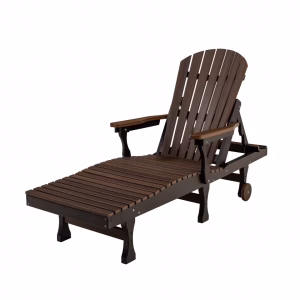 A dark wooden Adirondack chair with a curved backrest and armrests sits on a black metal frame, available in brown and beige tones.