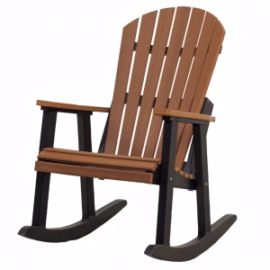 A brown wooden rocking chair with black armrests and legs is positioned at an angle, facing left, with a white background as its backdrop.