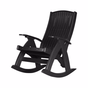 A black wooden rocking chair with curved backrest and armrests, made of a shiny material, stands against a white background.
