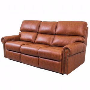 A brown leather recliner sofa with a curved backrest and armrests, featuring a bead-trimmed design, is positioned against a white background.