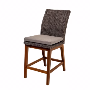 A dark brown wicker chair with a light gray cushion rests on a wooden base, exuding a serene and minimalist aesthetic.