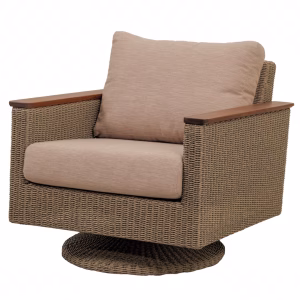 A beige wicker chair with wooden armrests and a circular base sits against a white background, showcasing its comfortable and inviting design.