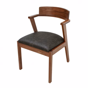 A modern wooden chair with a curved backrest and armrests features a dark wooden seat and frame, contrasting with a white background.