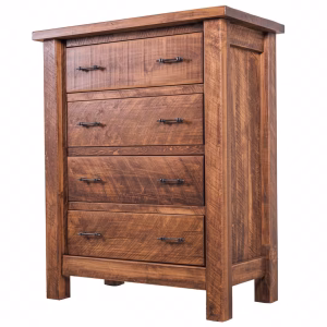 A wooden dresser with four drawers and black metal handles stands against a white background, showcasing a rustic aesthetic.