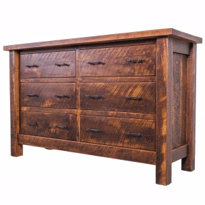 A dark wooden dresser with six drawers and black metal handles stands against a white background, showcasing its rustic and elegant design.