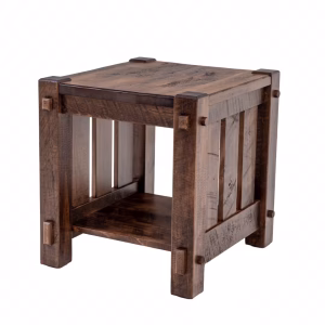 A dark wooden end table with a square top, open shelves, and four sturdy legs stands against a white background, showcasing its rustic charm.