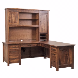 A wooden corner desk with a built-in hutch and shelves sits against a white background, showcasing its rustic charm.