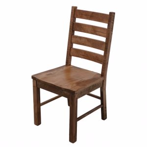 A wooden chair with a natural finish and curved backrest and seat is positioned at an angle, facing left, against a white background.