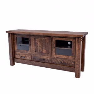 A dark wooden entertainment center with three glass doors, black handles, and a shelf, stands against a white background.