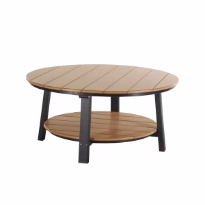 A round wooden coffee table with a wooden top, black legs, and a lower wooden shelf stands against a white background, showcasing its rustic charm.