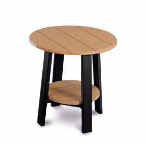 A round wooden end table with a lighter brown top and black legs features a lower shelf against a white background.