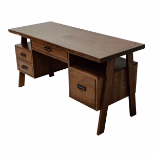 A dark wooden desk with a flat top, drawers, and pedestal legs is positioned against a white background, showcasing its clean and minimalist design.