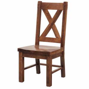 A dark wooden chair with a cross-back design, curved seat, and straight legs is captured from a side angle, showcasing its rustic and functional design.