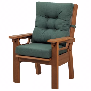 A wooden armchair with dark green cushions and armrests sits against a white background, showcasing its rustic and comfortable design.