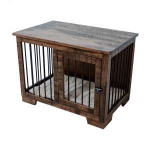 A wooden dog crate with a slatted metal door, black handle, and small window sits on four legs, constructed from dark brown wood with a slightly distressed finish.