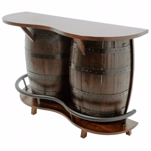 A wooden bar counter, designed with two dark brown wooden barrels and black metal accents, stands on four legs against a white background.