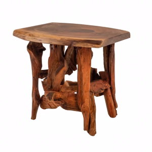 A wooden side table with an organic, tree trunk-like design features a square top and unevenly spaced legs, exuding a rustic charm.