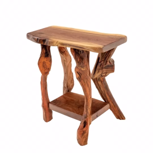 A wooden side table with a natural, uneven edge and twisted branch legs stands against a white background, showcasing its rustic charm.