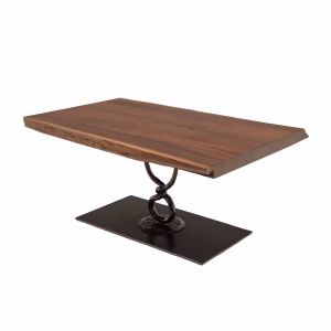 A rectangular wooden table with a dark, twisted metal base stands against a white background, showcasing its rustic charm.
