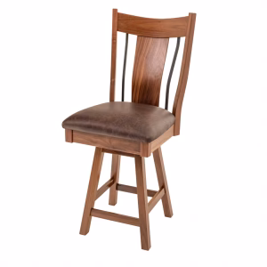 A dark wooden chair with a curved backrest and four legs, featuring a brown leather seat and black metal accents, stands against a white background.