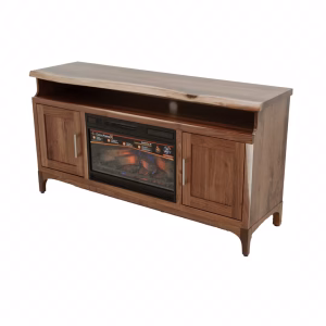 A dark wooden entertainment center features a curved front panel with a black electric fireplace, flanked by closed doors and topped with a shelf.