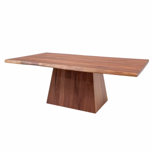 A rectangular wooden table with a natural edge and triangular dark wood base stands against a white background.
