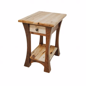 A wooden end table with a natural finish features a square top, curved legs, and a drawer with a black knob, showcasing intricate craftsmanship.