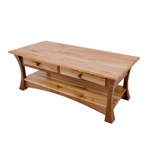 A light-colored wooden coffee table with a natural wood finish, two drawers, and a curved lower shelf stands against a white background.