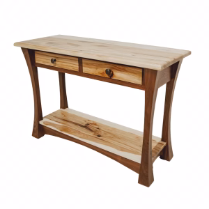 A wooden console table with two drawers and a shelf stands against a white background, showcasing a light-colored wood finish and rustic brown accents.