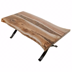 A light-colored wooden coffee table with a natural edge and rich grain features a dark inlay and black metal legs, creating a striking contrast in a white background.