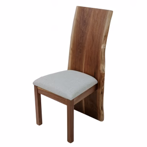 A wooden chair with a light gray cushion and a curved backrest sits against a white background, showcasing a rustic and elegant design.