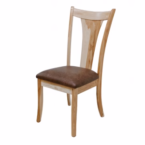 A light-colored wooden chair with a curved backrest and armrests features a brown leather seat against a white background.
