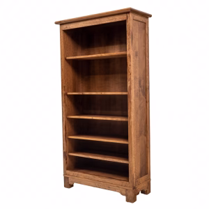 A wooden bookcase with a natural finish and curved top stands against a white background, housing three empty shelves.