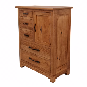 A light-colored wooden dresser with six drawers and a small cabinet stands against a white background, showcasing its intricate wood grain patterns.