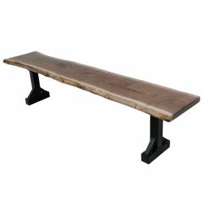 A dark brown wooden bench with a natural edge and black metal legs stands against a white background, showcasing its rustic charm.