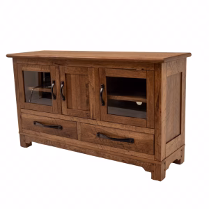 A wooden media console with three doors and glass panels features two drawers and black handles, resting on a flat base with turned legs.